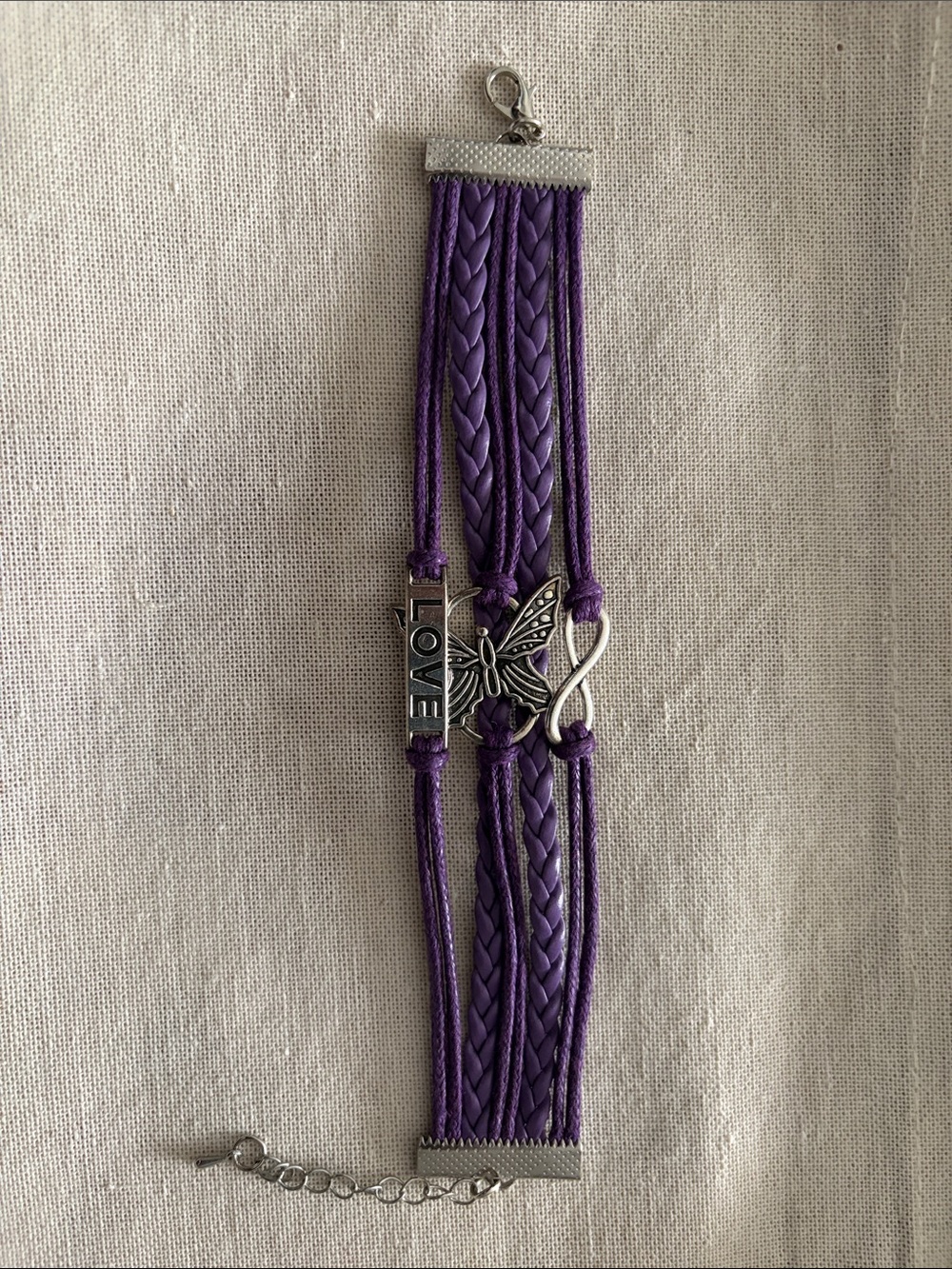 Purple Multi-Strand Charm Bracelet with Butterfly & Infinity